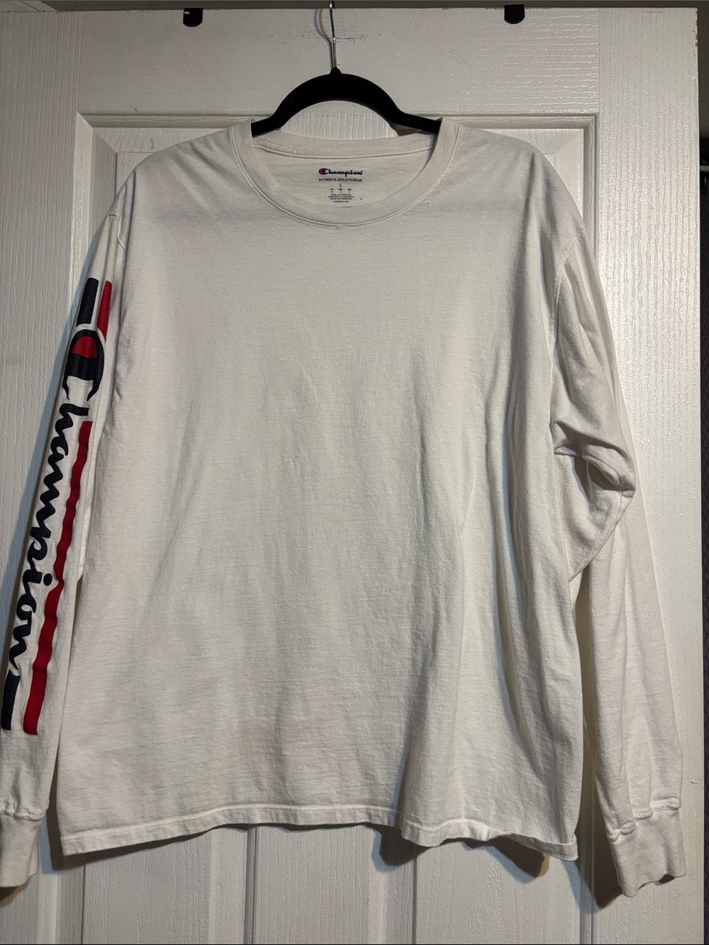 Champion White Long Sleeve Tee with Red & Navy Sleeve Logo